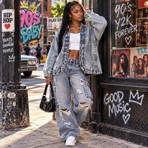 Vintage 80s Deal Acid Wash Denim & Genuine Leather Jacket